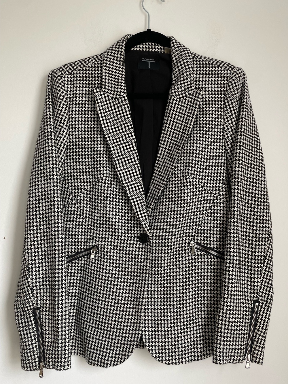 Tahari Houndstooth Blazer Zipper Accent Size 8 Classic Preppy Old Money Career